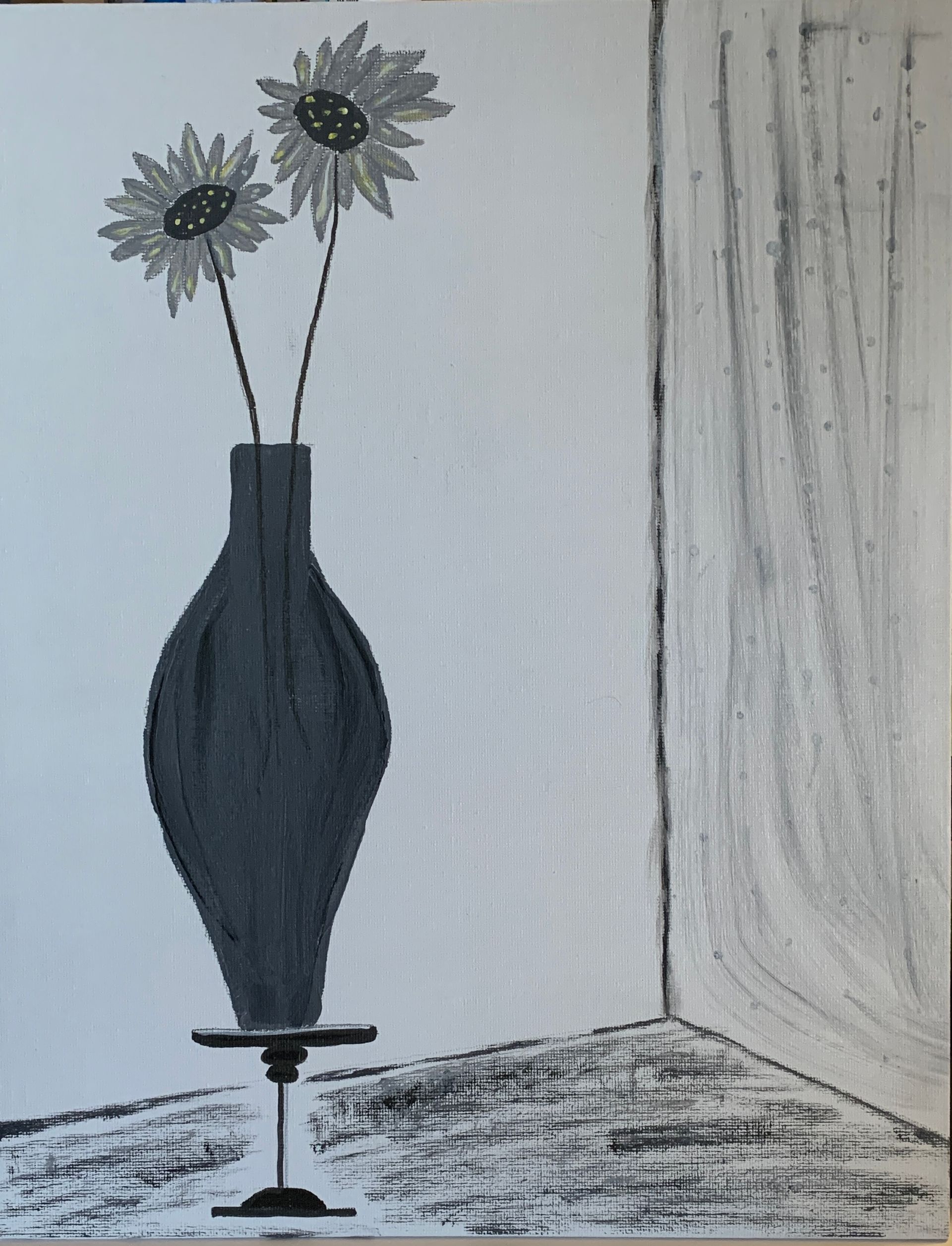 Gray and white still life painting of two flowers in a vase on a pedestal near a corner.  By Mary Berry - Art