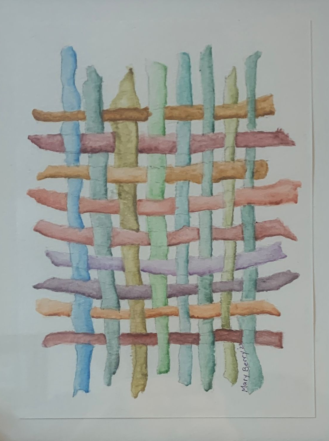 Watercolor painting of woven strips in pastel hues.  By Mary Berry - Art