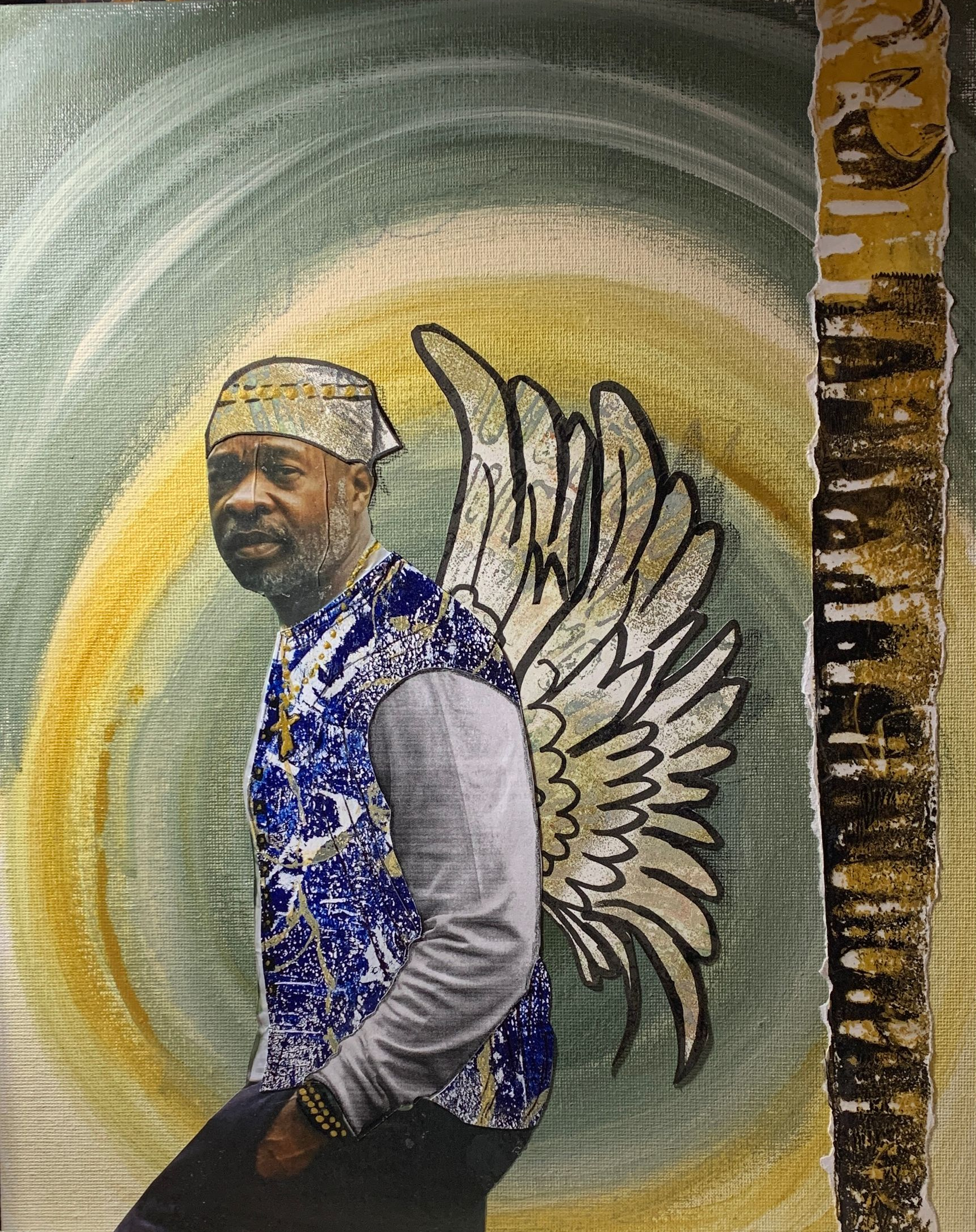 Man with angel wings, wearing a blue patterned vest, standing in front of a spiral background and birch tree.  By Mary Berry - Art