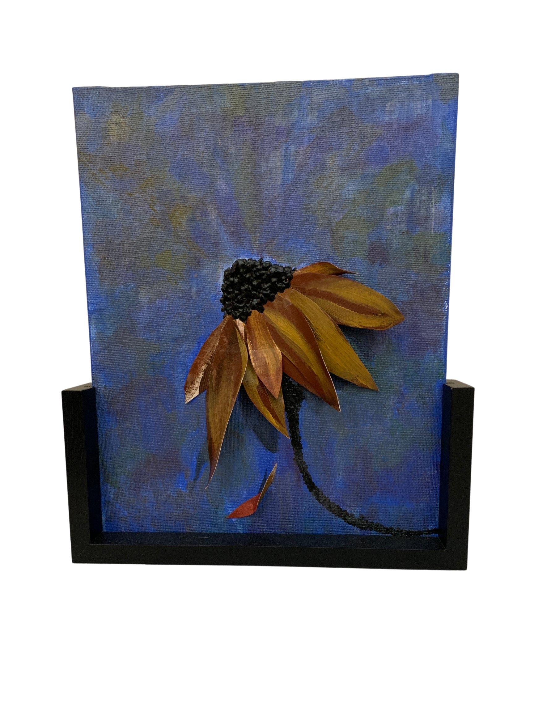 Painting of a withered sunflower on a blue background, in a black frame.  By Mary Berry - Art