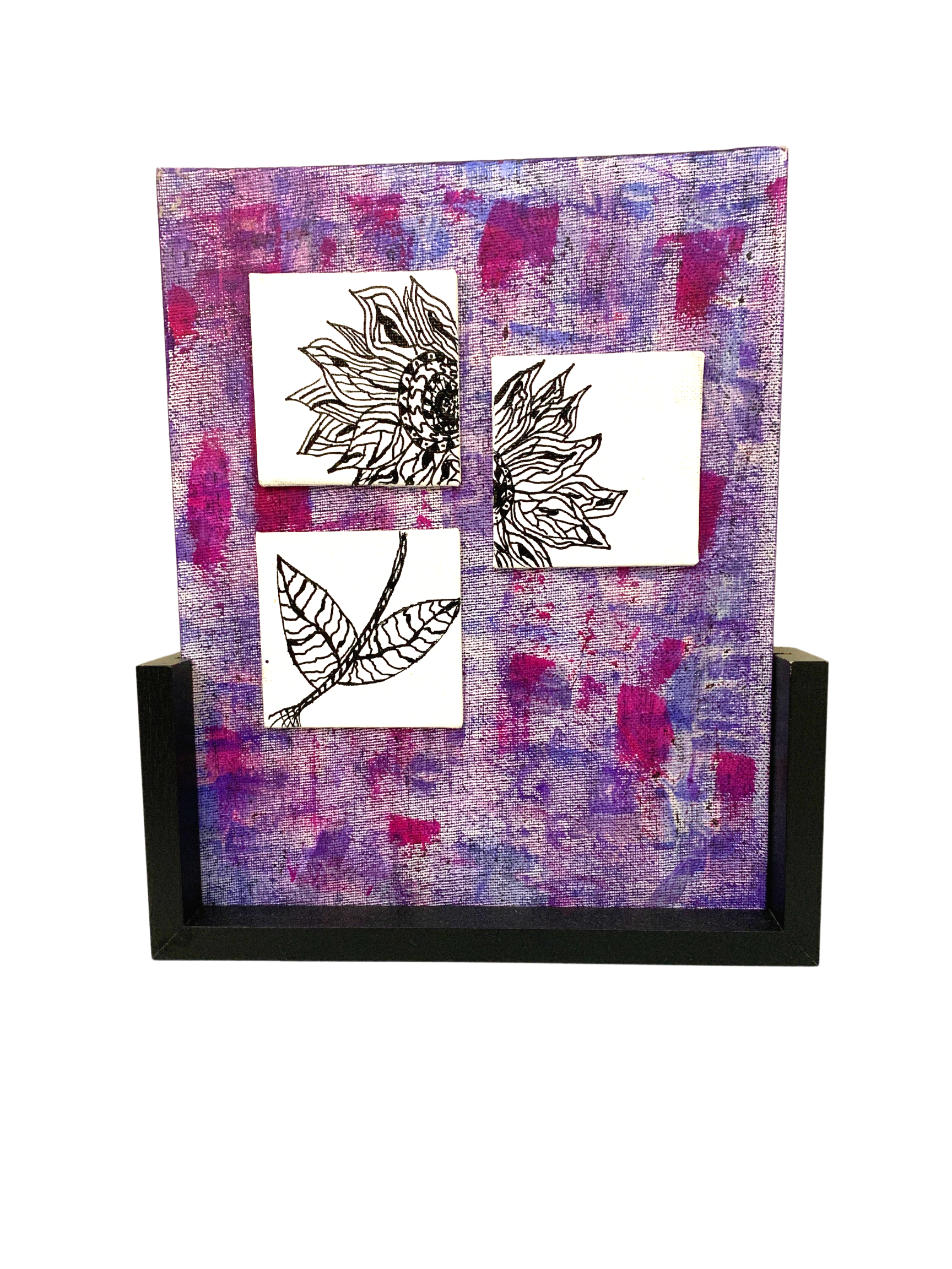 Purple abstract art with three black and white botanical designs on a black stand.  By Mary Berry - Art