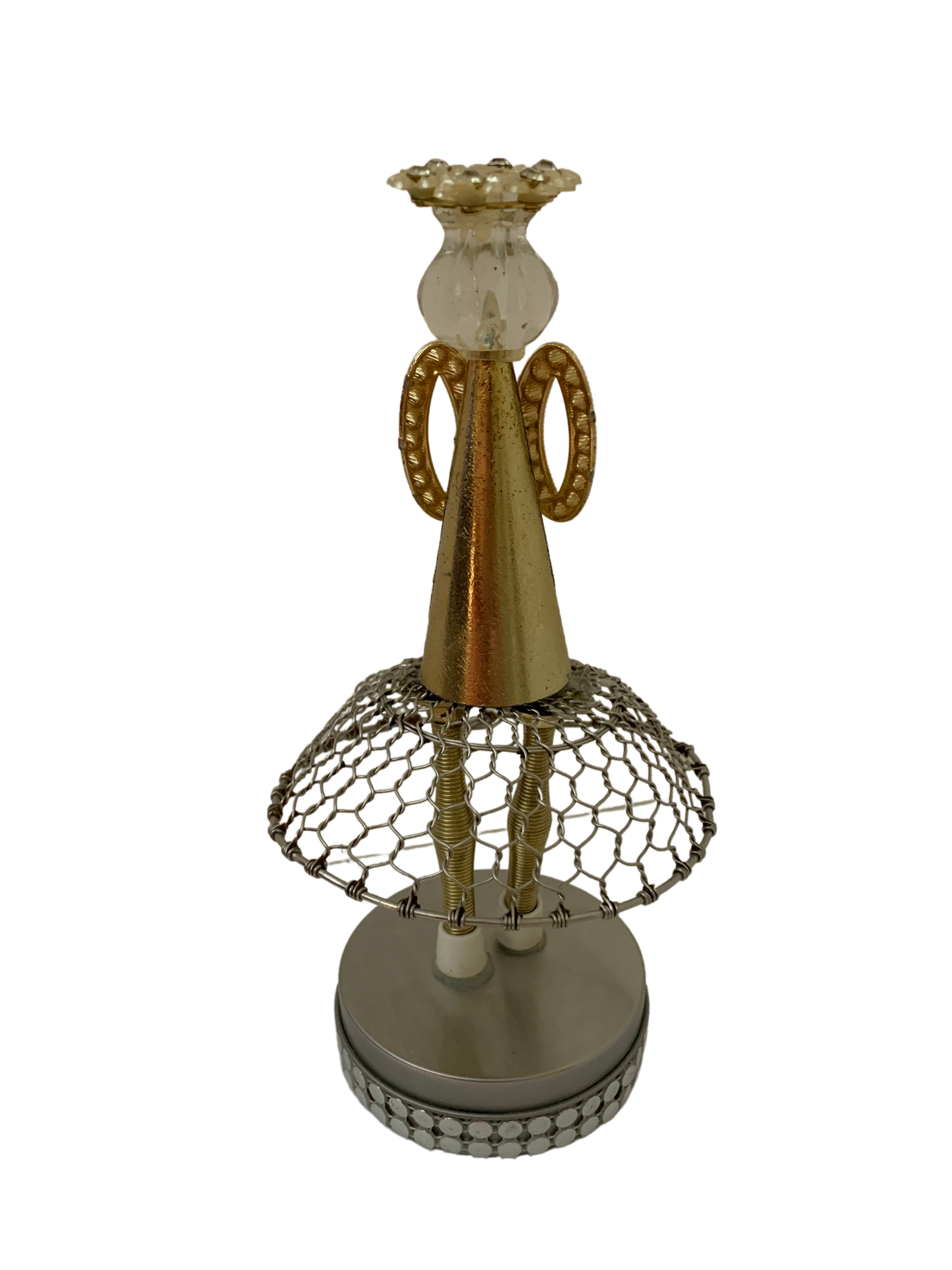 Gold and silver angel candlestick holder with a wire skirt and a beaded base.  By Mary Berry - Art