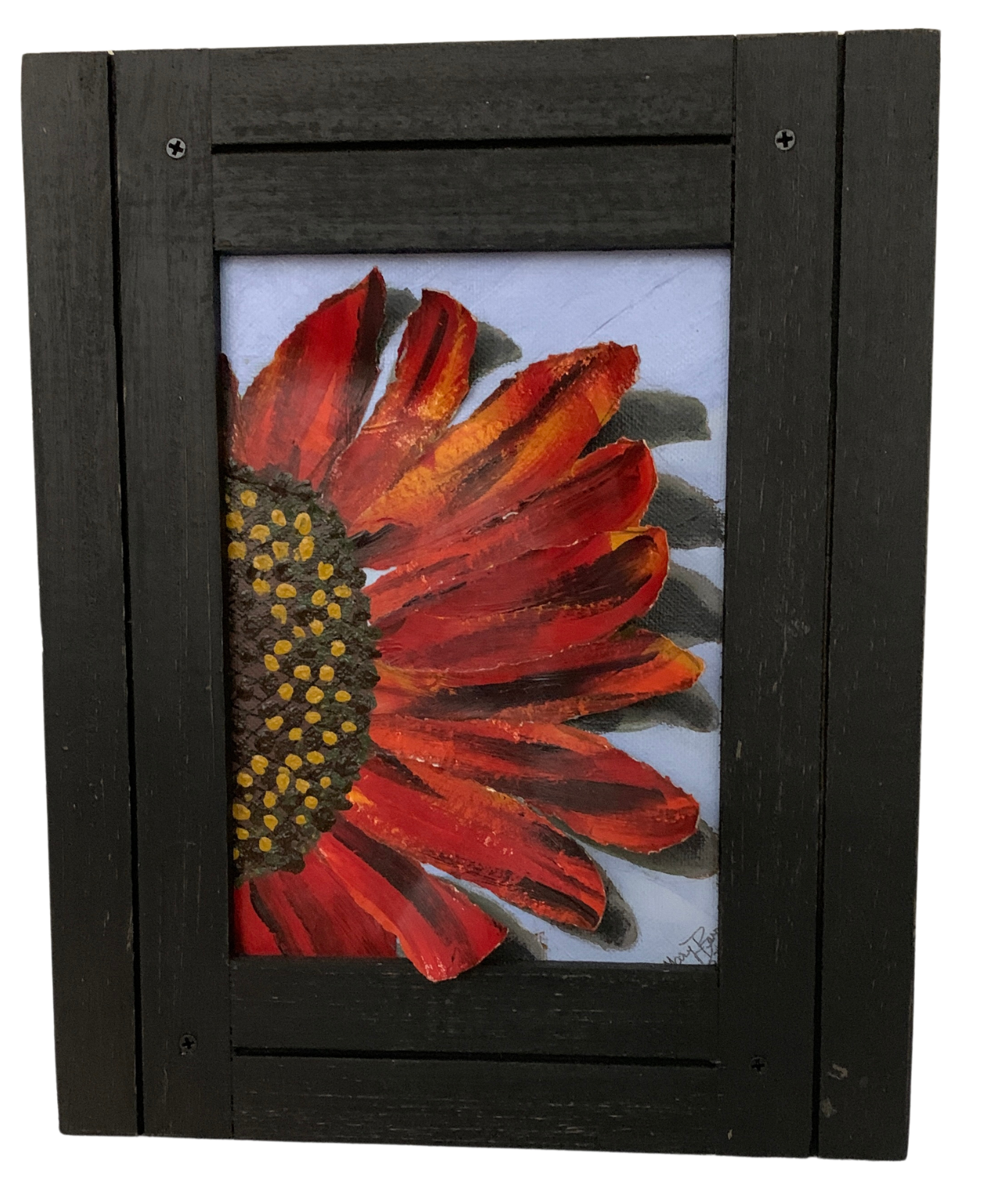 Red and orange sunflower painting in black wooden frame.  By Mary Berry - Art