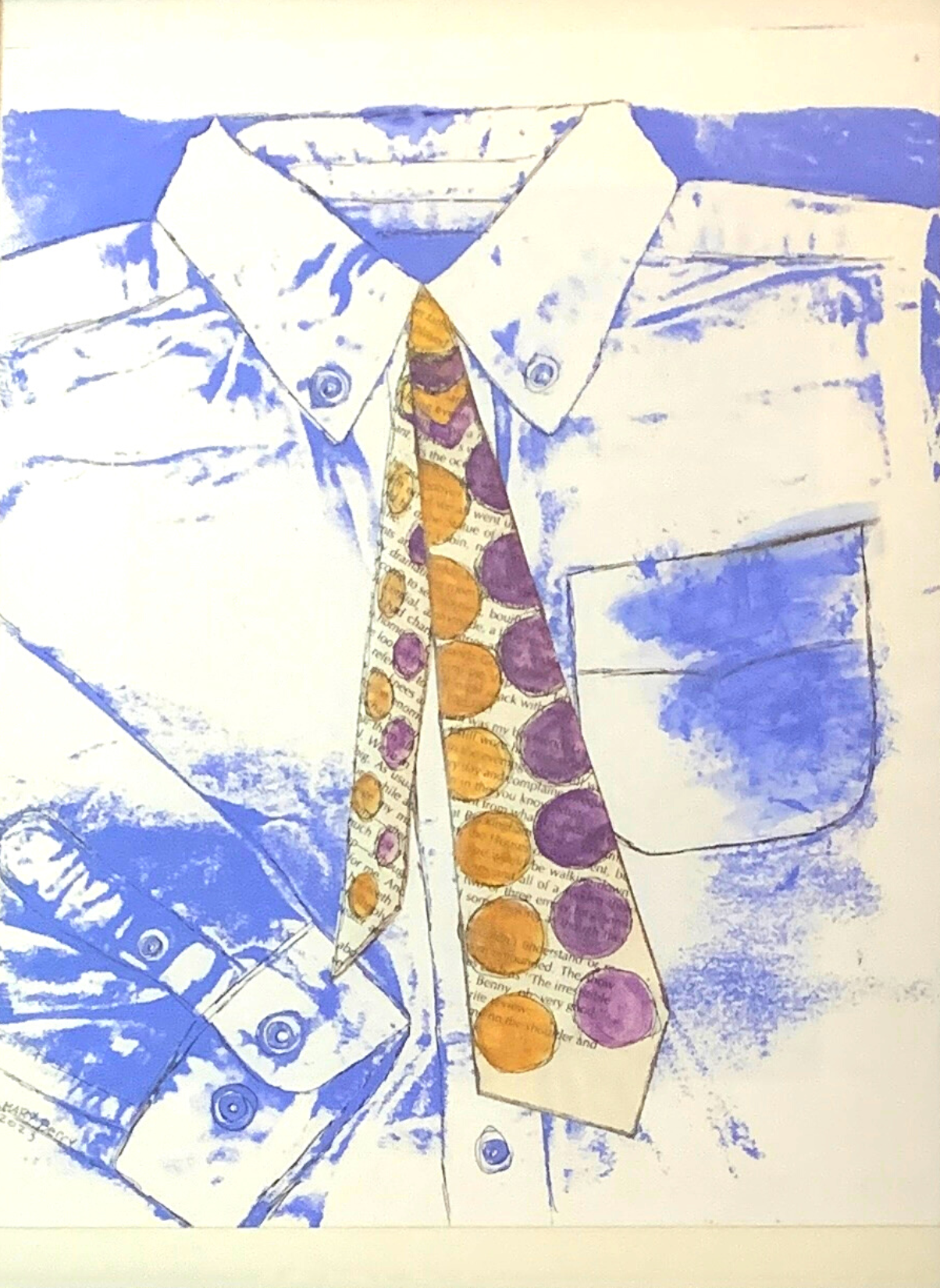 Blue and white shirt with a patterned yellow and purple tie. Gel Print by Mary Berry - Art