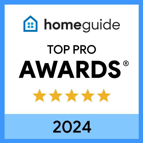 Homeguide Top Pro Awards 2024 badge with logo and five gold stars on a blue background.