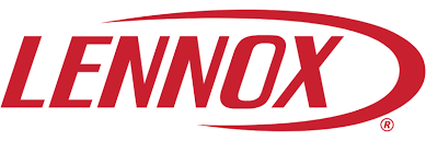 Lennox logo in red text with a red curved line around the word.