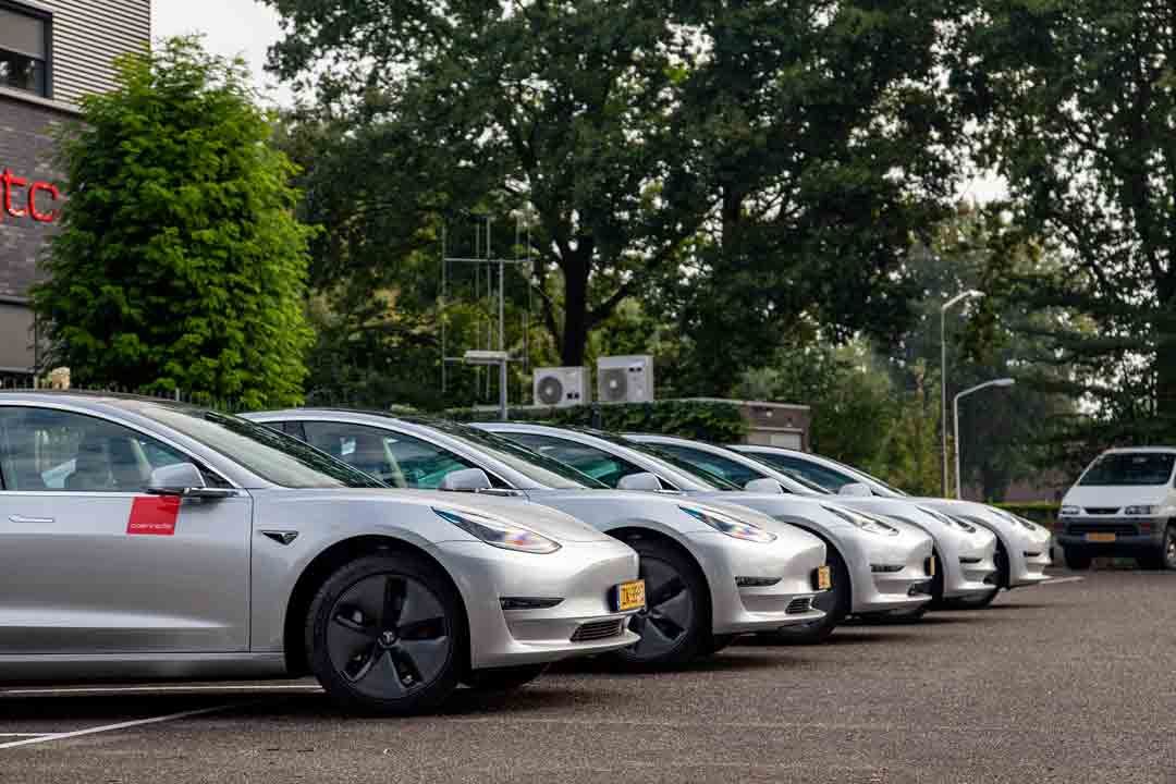 Een rij Tesla Model 3-auto's staat geparkeerd op een parkeerplaats.
