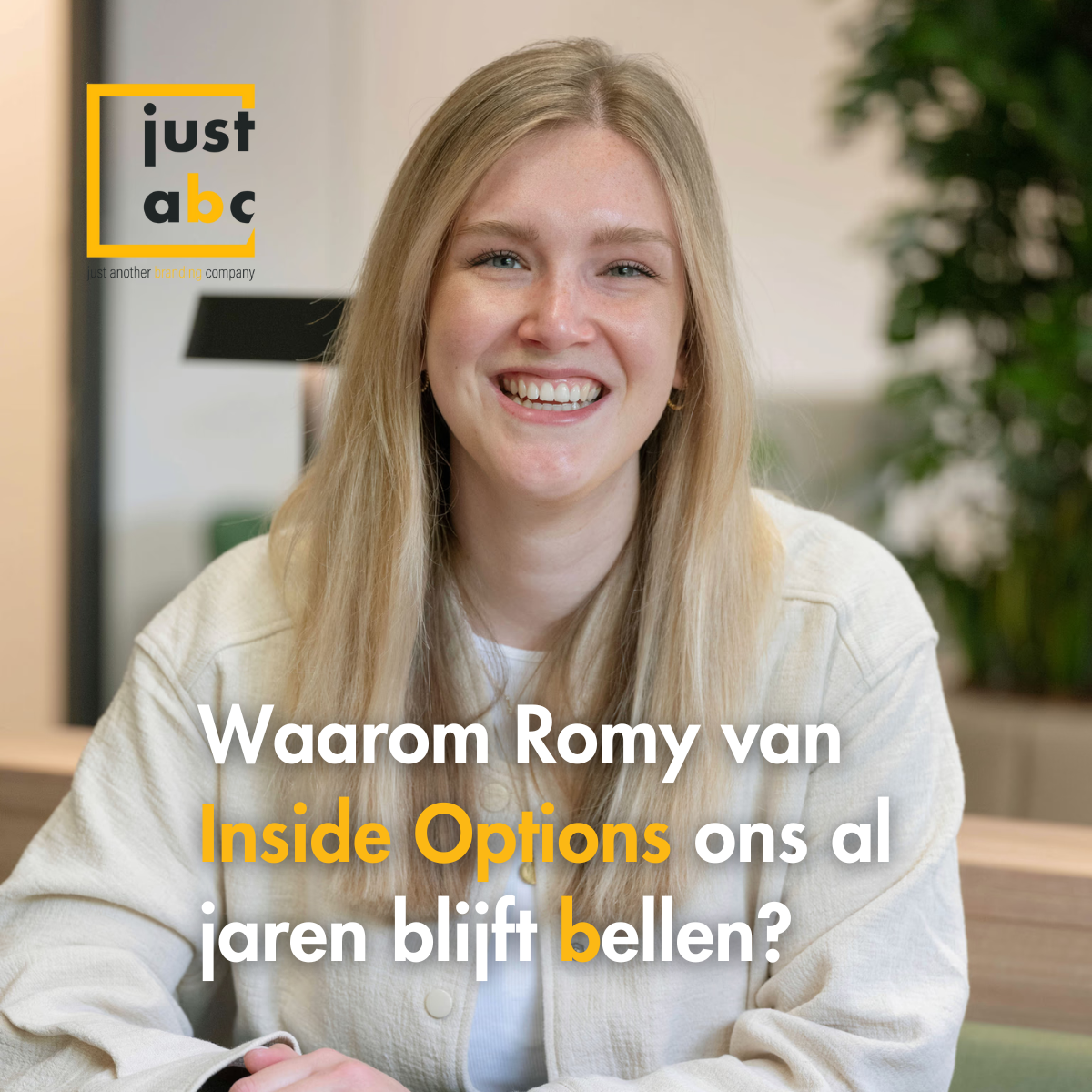 Woman smiling, text: