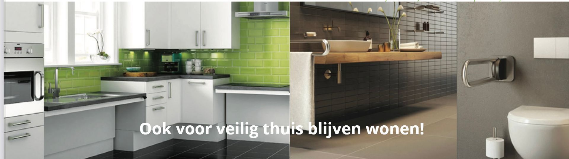 Kitchen and bathroom scenes; white cabinets, green backsplash, toilet and towel holder. Text 