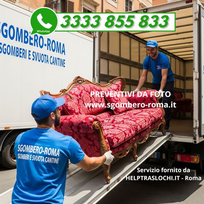 Sgombero Roma e Provincia  e Svuota Cantine tutto il Lazio Tel. 3924733152 - Sgombero Appartamenti.
Un'inquadratura dinamica e realistica, ripresa dal retro di un camion in movimento, con lo sguardo rivolto verso l'alto lungo la rampa di carico, mostra due traslocatori professionisti che guidano con cura un classico divano in stile Luigi XV, decorato e rivestito in un ricco tessuto damascato rosso, all'interno del camion. Entrambi gli uomini sfoggiano sorrisi luminosi e sono concentrati sul compito da svolgere, indossando magliette blu abbinate e cappellini da baseball con il logo audace 