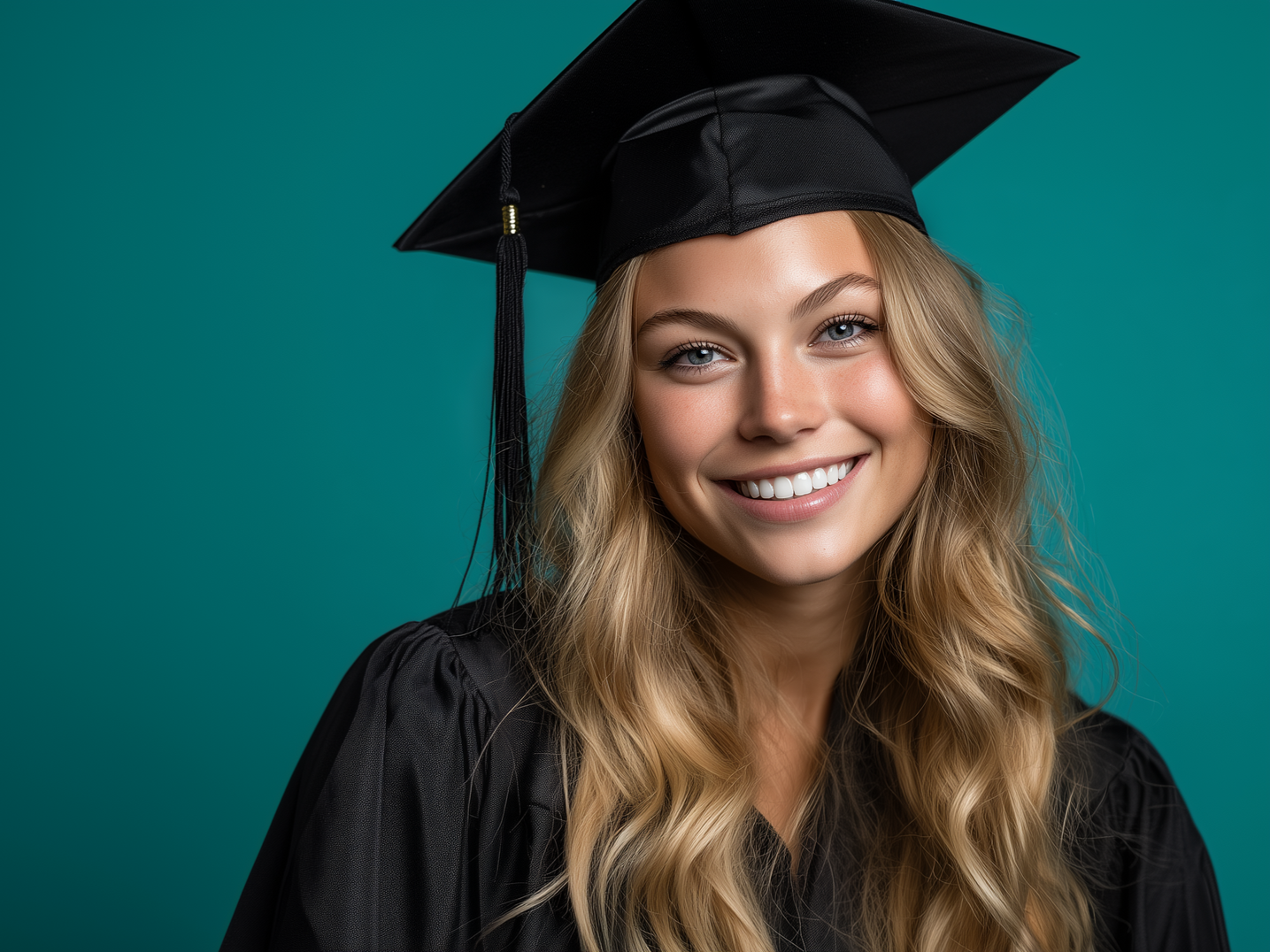 Smiling graduate in a black cap and gown against a teal background