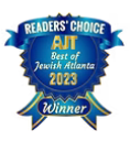 Readers' Choice Best of Jewish Atlanta 2023 winner badge. Blue and gold, text on a ribbon and circular seal.