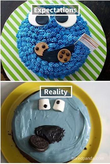 Comparison of Cookie Monster cakes: top one is elaborate, bottom one is a simple, messy version.