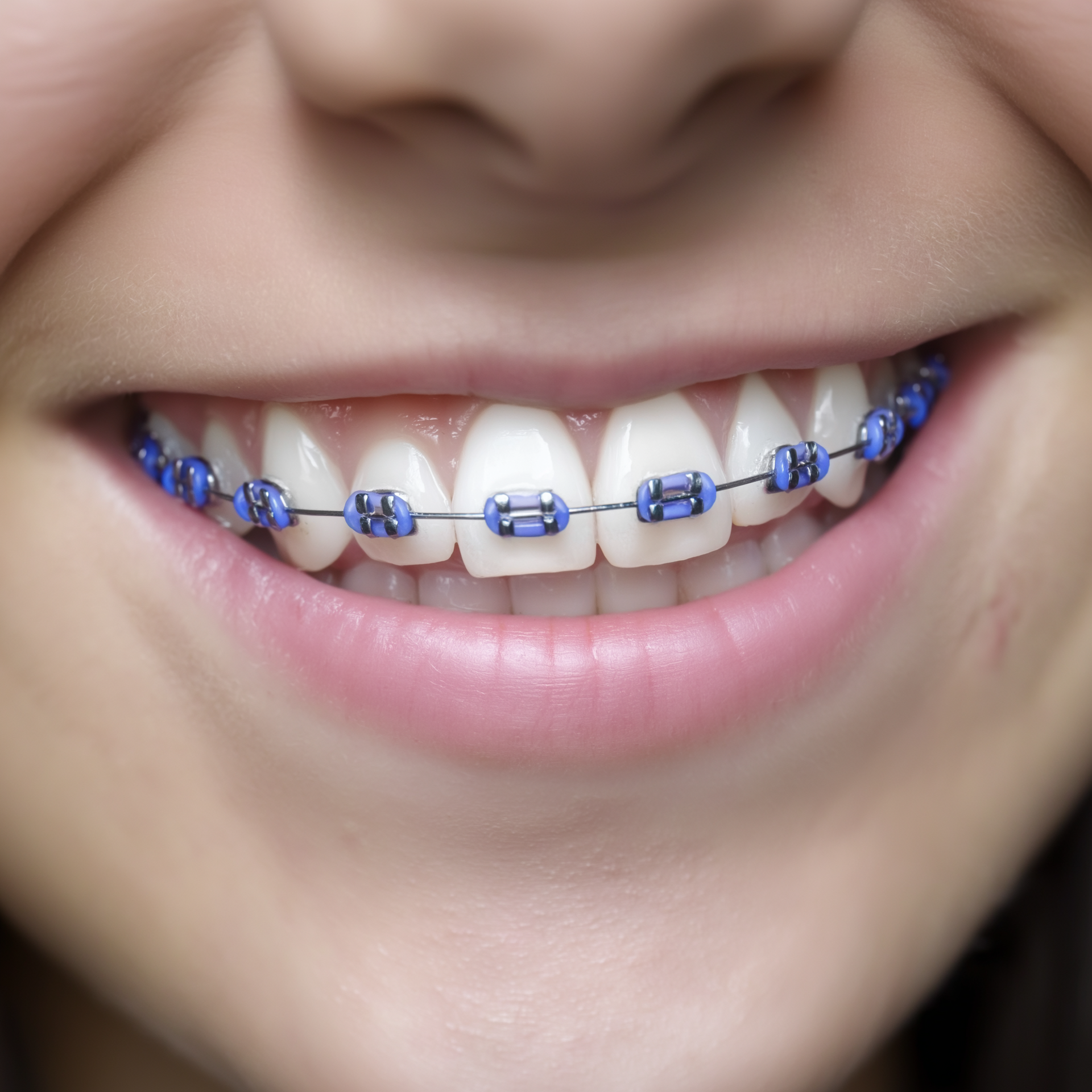 Close-up of a person's smile, showing upper and lower teeth with blue braces.