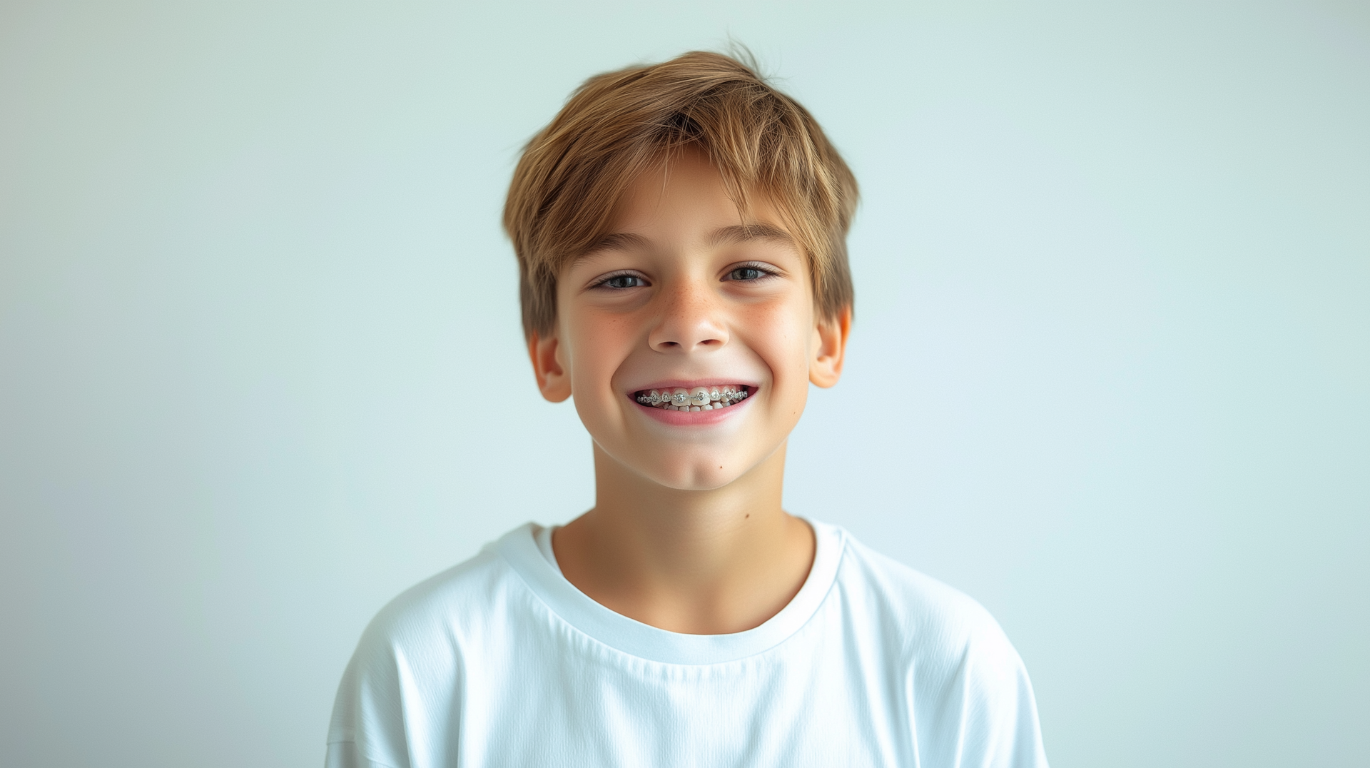 Boy with braces smiling in a white t-shirt against a light blue background.