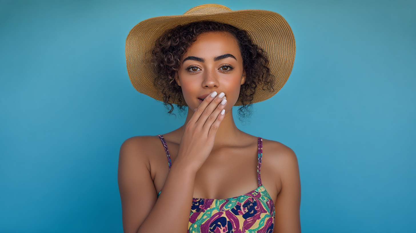 Woman in straw hat and floral swimsuit covers mouth, blue background.