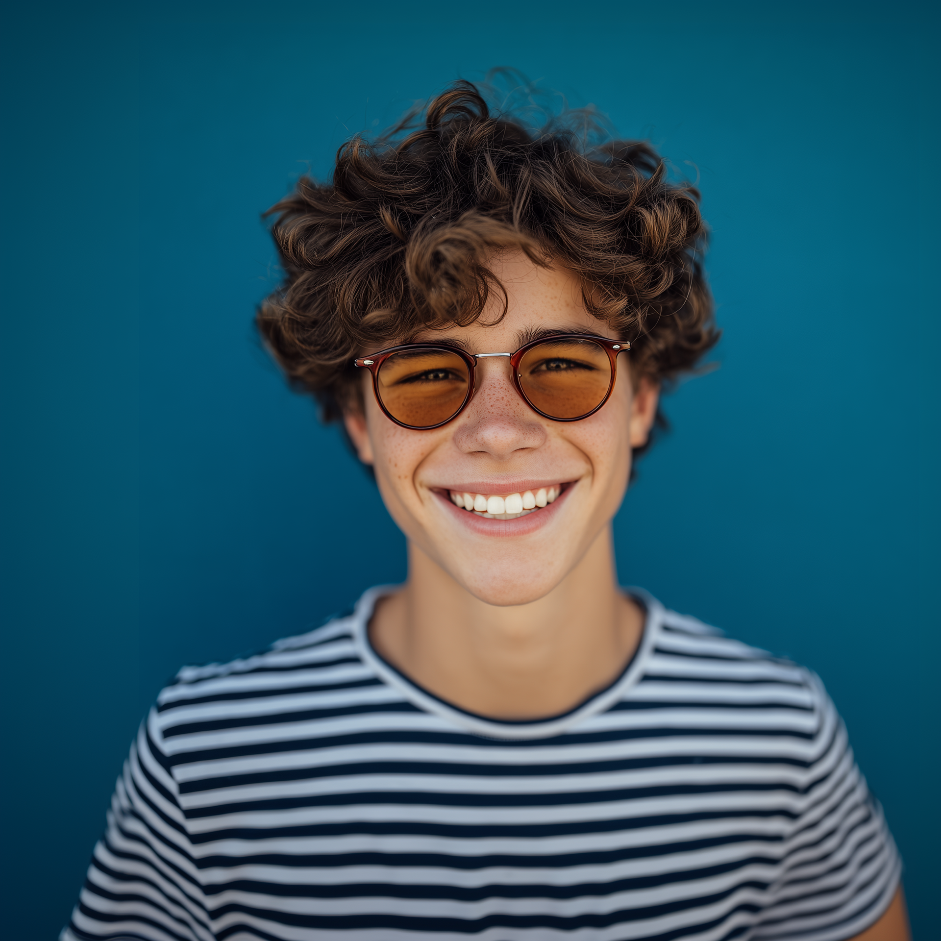 Person with curly brown hair wearing sunglasses and striped shirt smiles in front of blue wall.