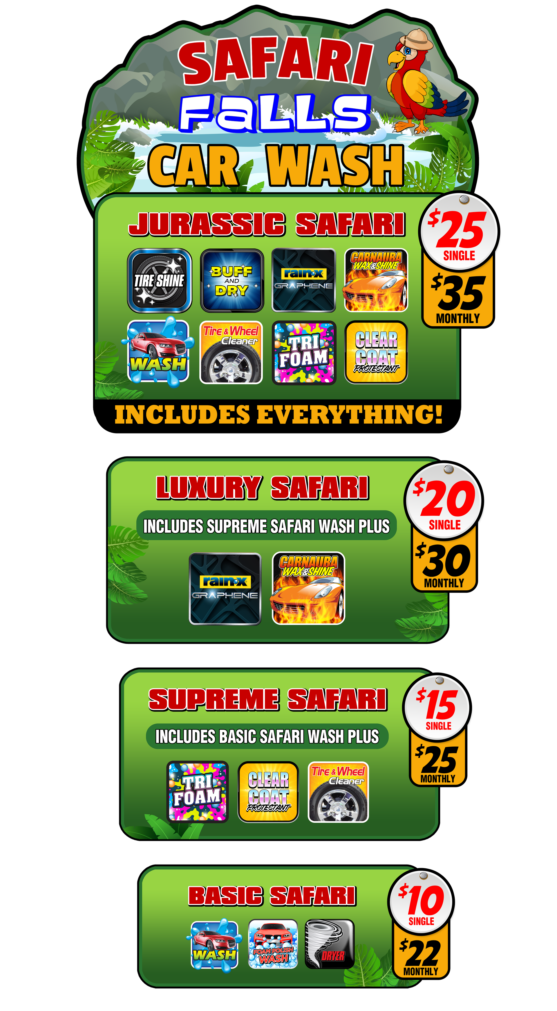 A poster for safari falls car wash menu of packages
