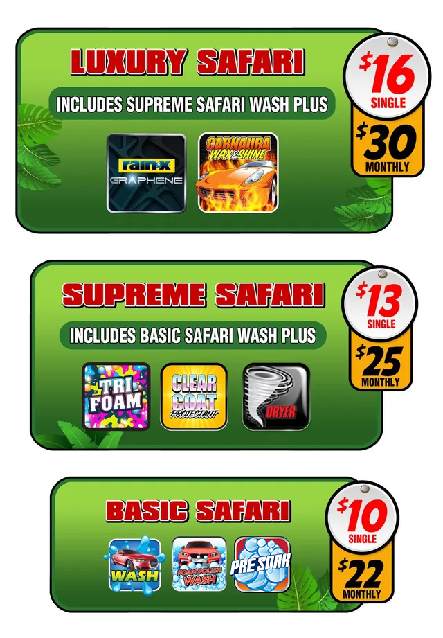 A picture of a luxury safari , supreme safari , and basic safari car wash packages
