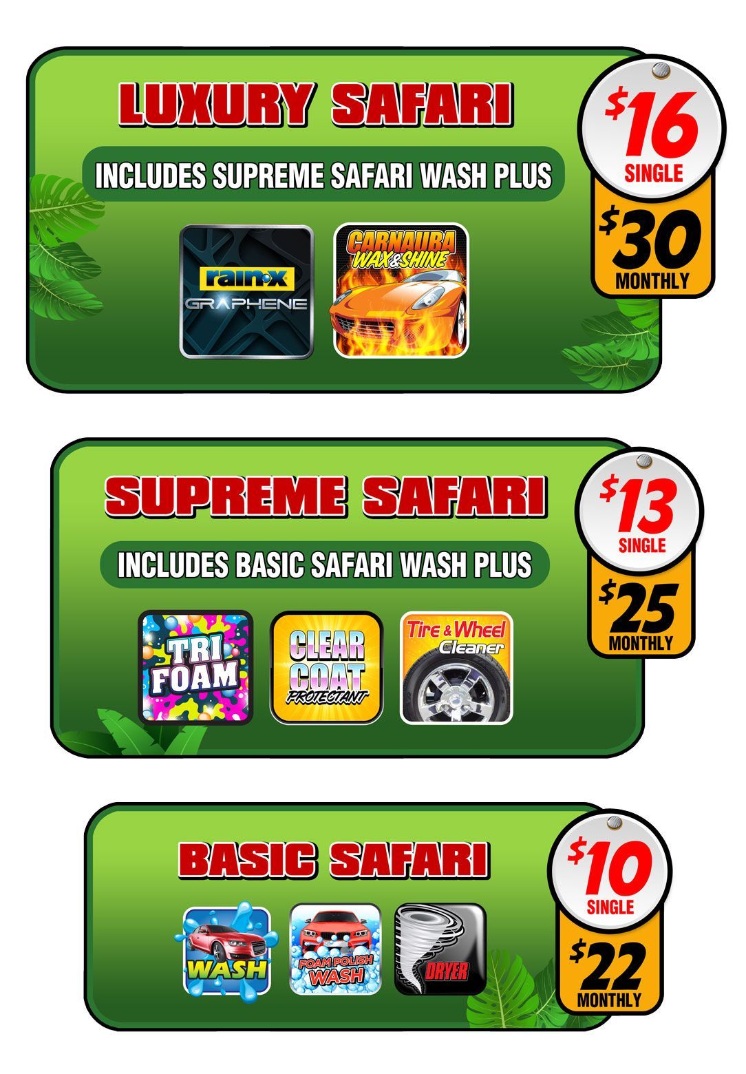 A picture of a luxury safari , supreme safari , and basic safari car wash packages