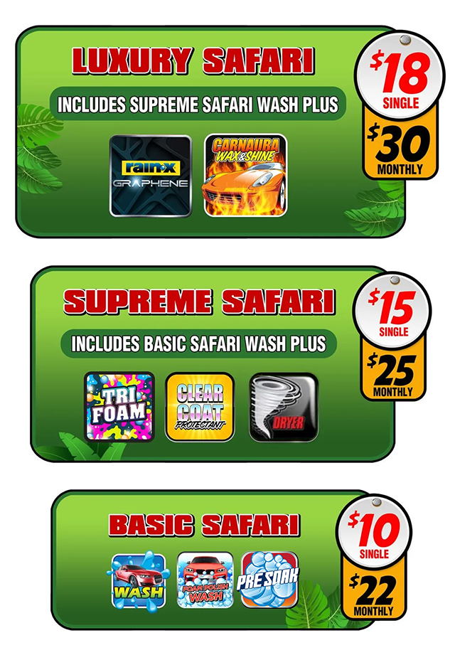 A picture of a luxury safari , supreme safari , and basic safari car wash packages