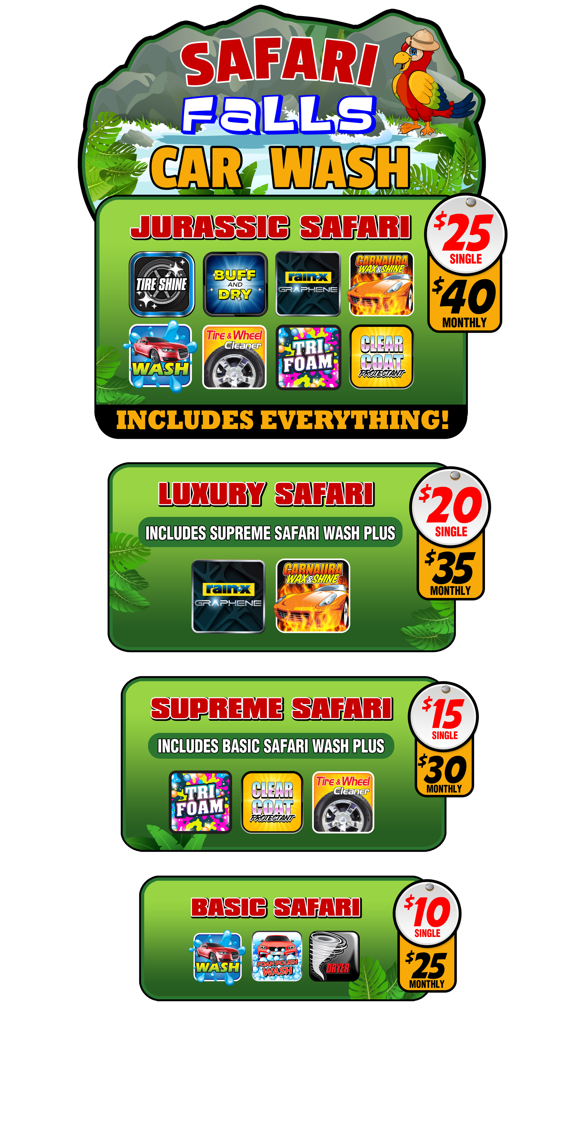 A poster for safari falls car wash menu of packages