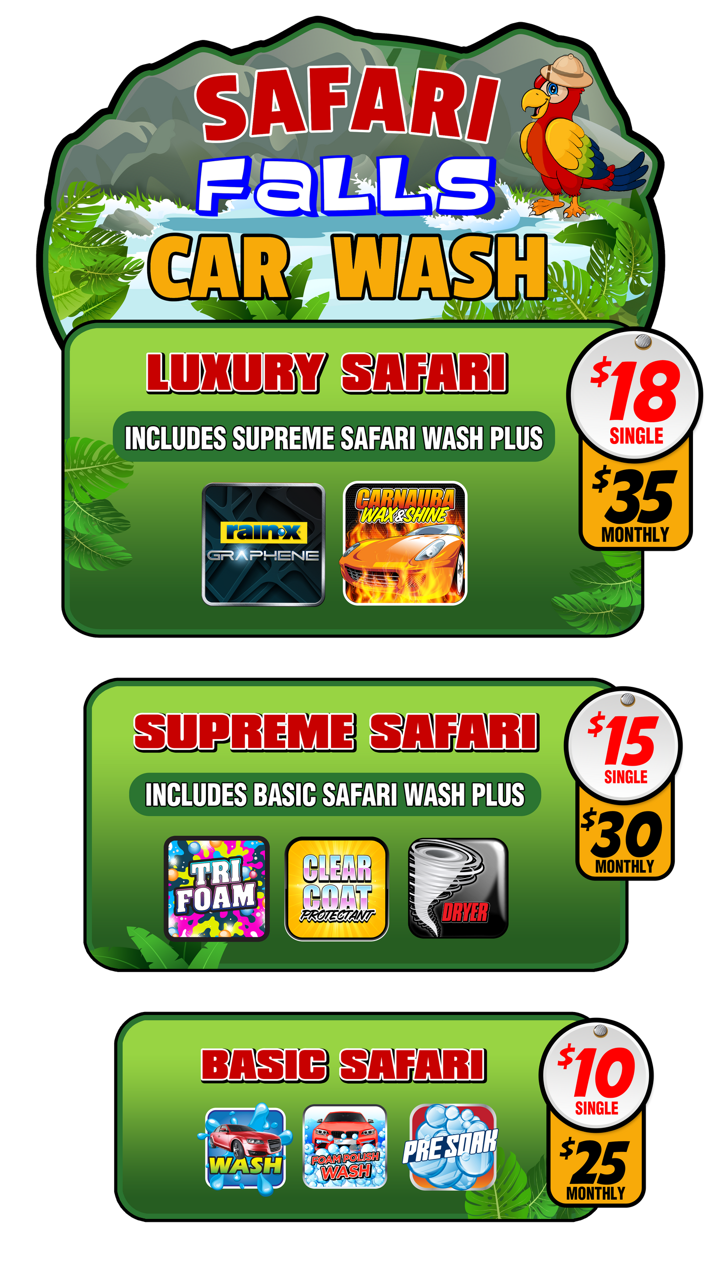 A picture of a luxury safari , supreme safari , and basic safari car wash packages
