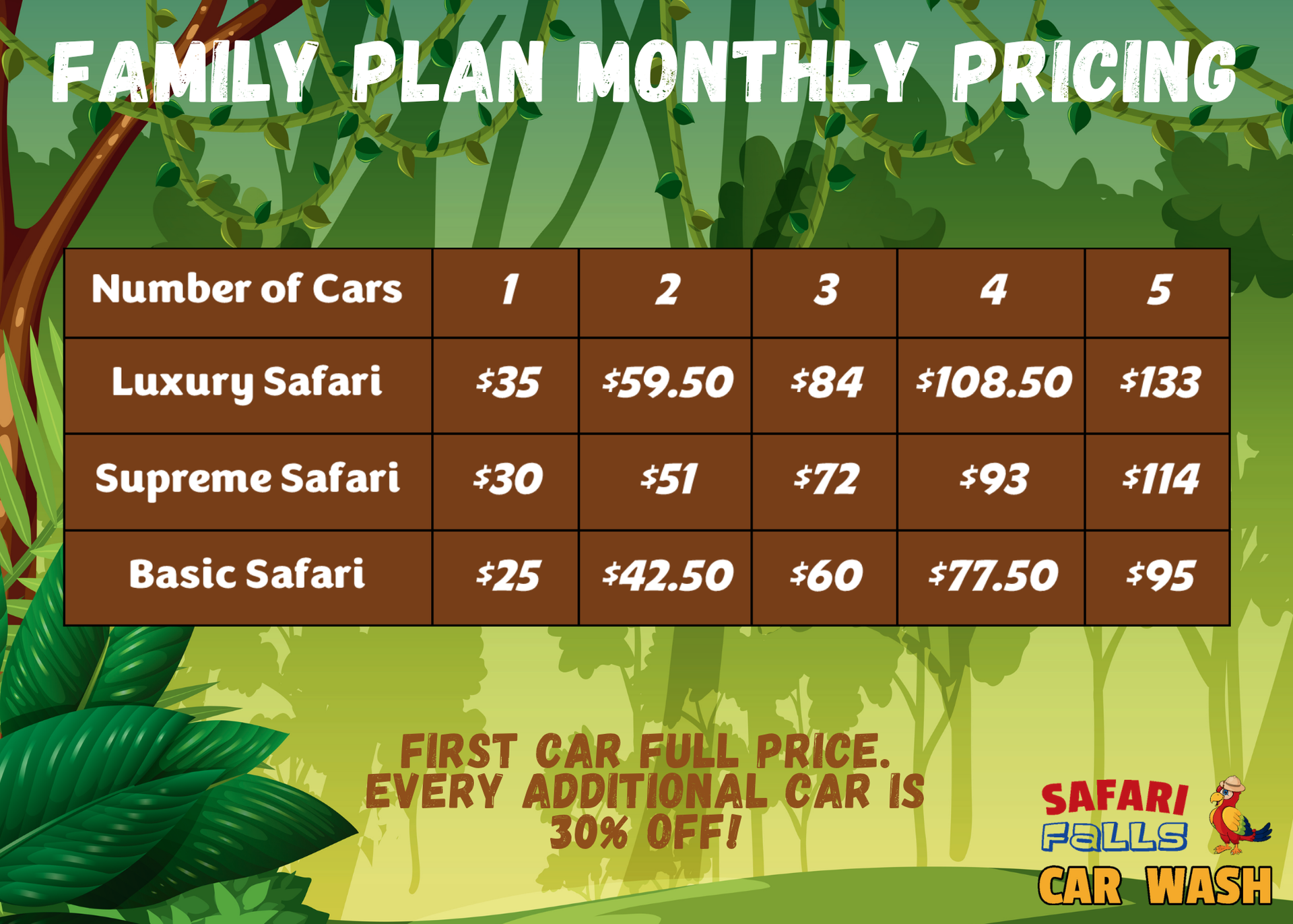 A family plan monthly pricing for safari full car wash