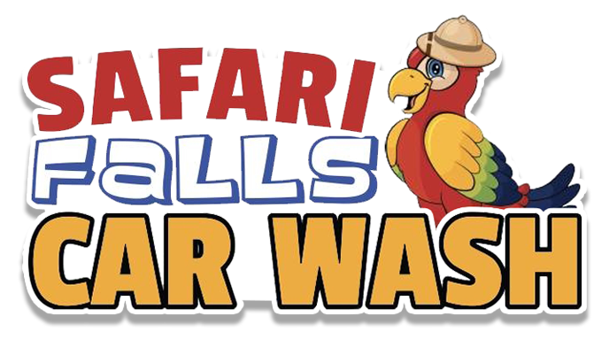 A logo for safari falls car wash with a parrot on it