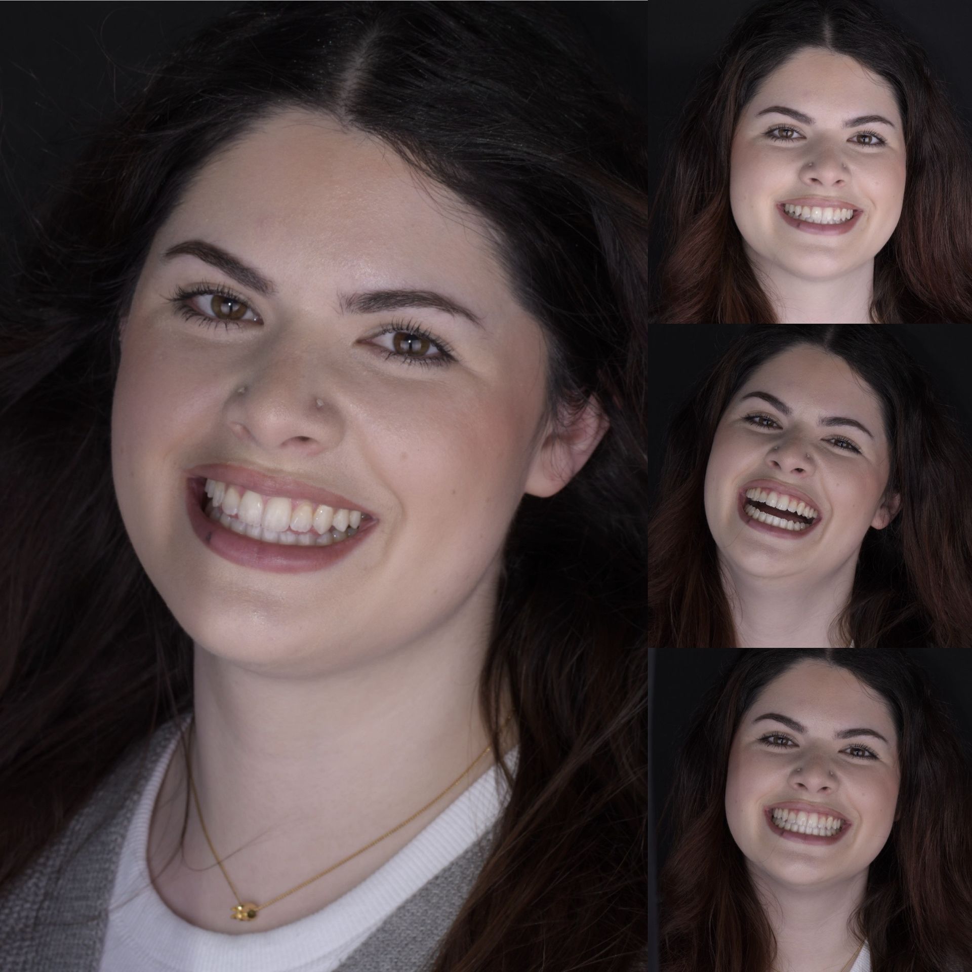 A woman is smiling in a collage of four pictures