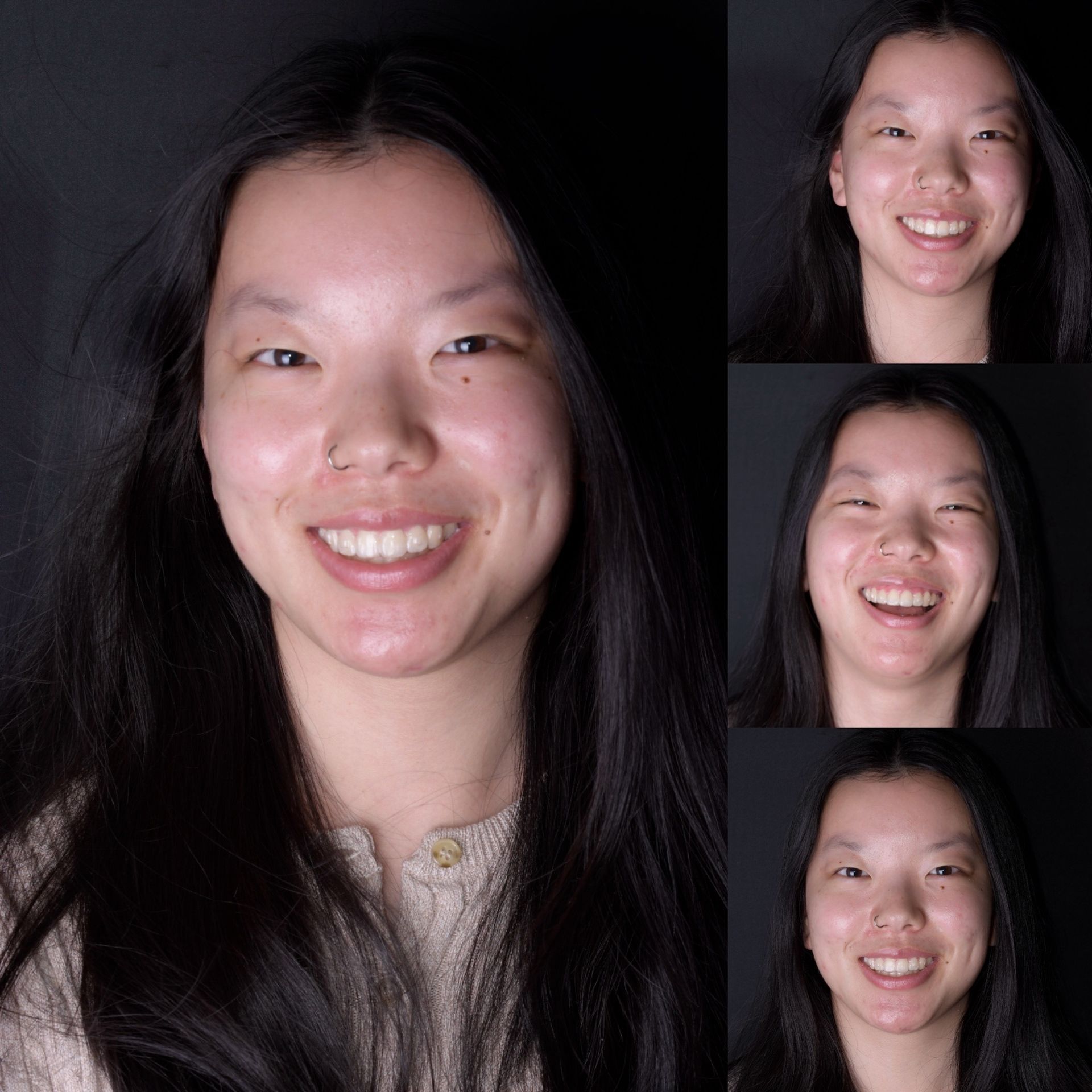 A woman is smiling in a collage of four pictures