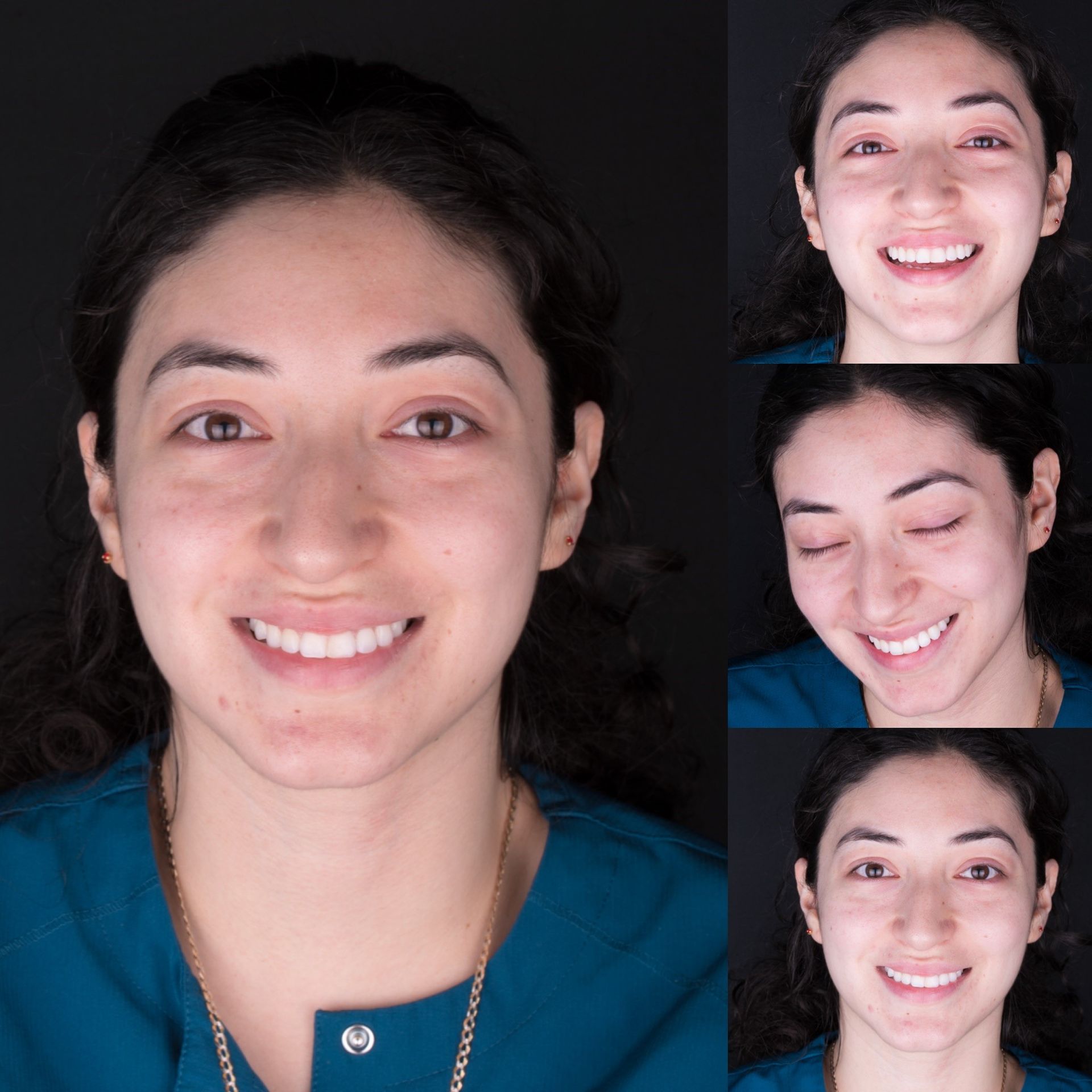 A woman in a blue shirt is smiling for the camera