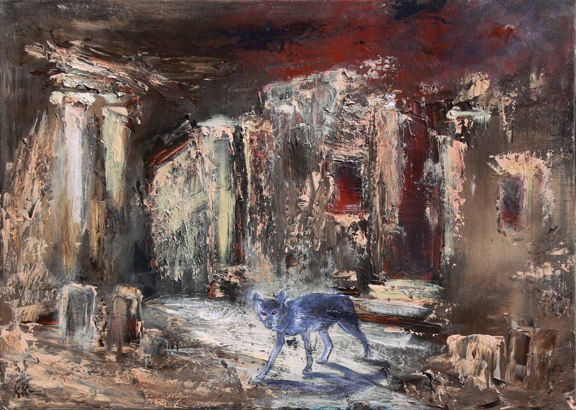 Witness by Kasia Kaldowski — lone wolf crossing ruined architecture under a dark red sky, acrylic on canvas.