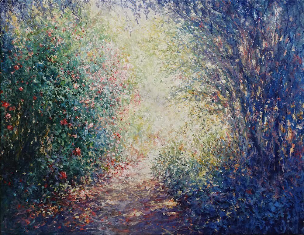 National Trust painting by Mariusz Kaldowski — acrylic on canvas, inspired by  a nature path at Nymans