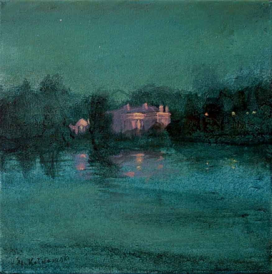 Regent’s Park landscape painting No. 17 by Mariusz Kaldowski — acrylic on canvas, The Holmes and pond in London park