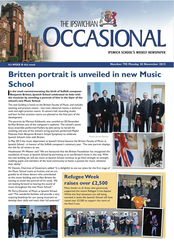 Article on unveiling of portrait of Benjamin Britten by Mariusz Kaldowski