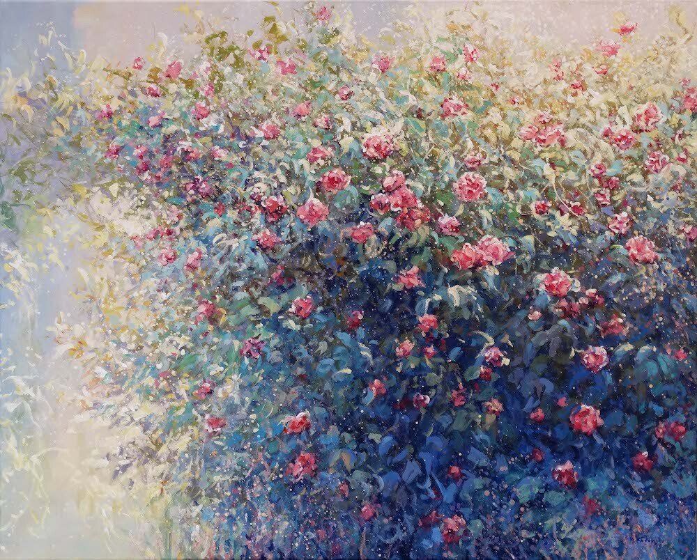 National Trust painting by Mariusz Kaldowski — acrylic on canvas, inspired by camellia wall and gate at Nymans