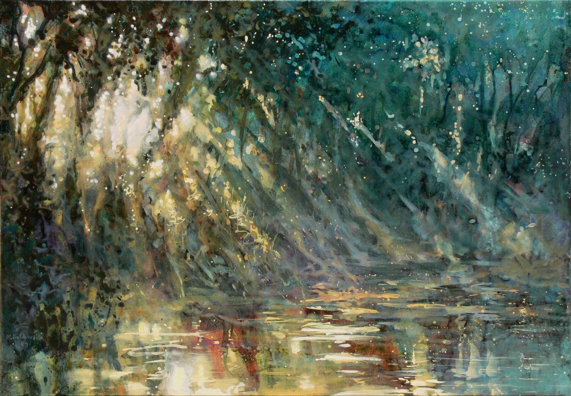 Regent’s Park landscape painting No. 10 by Mariusz Kaldowski — acrylic on canvas, river  in London park