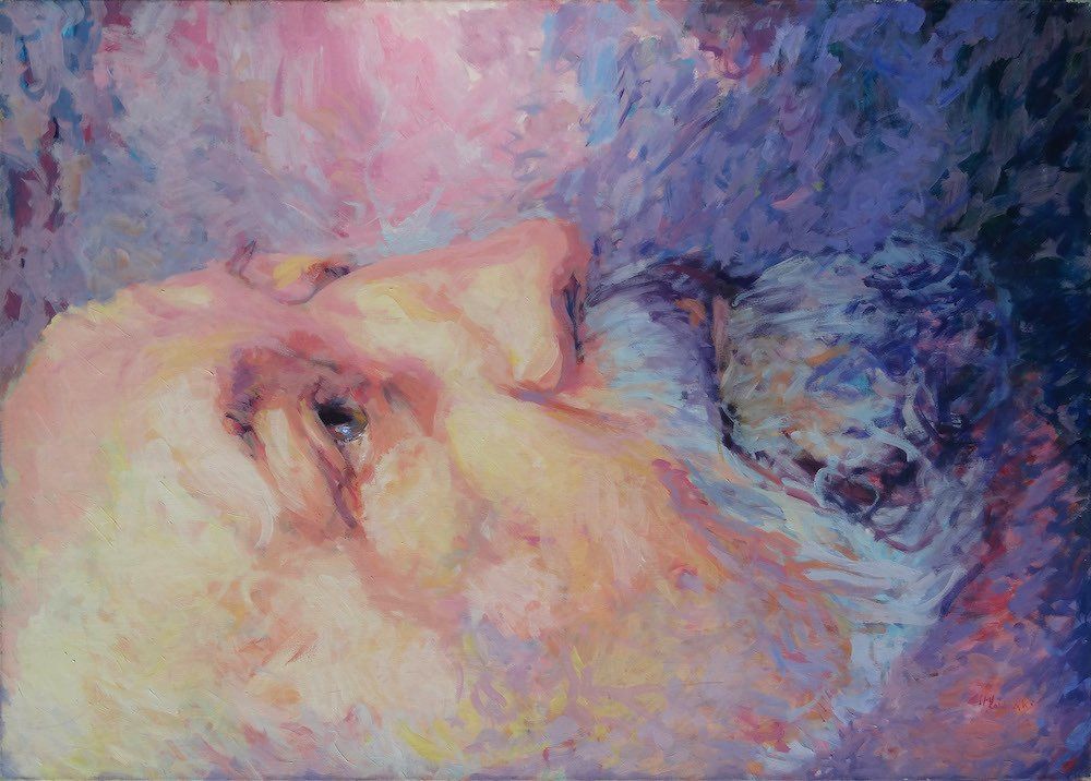 portrait of Krzysztof Penderecki painted by Mariusz Kaldowski , left side of triptych