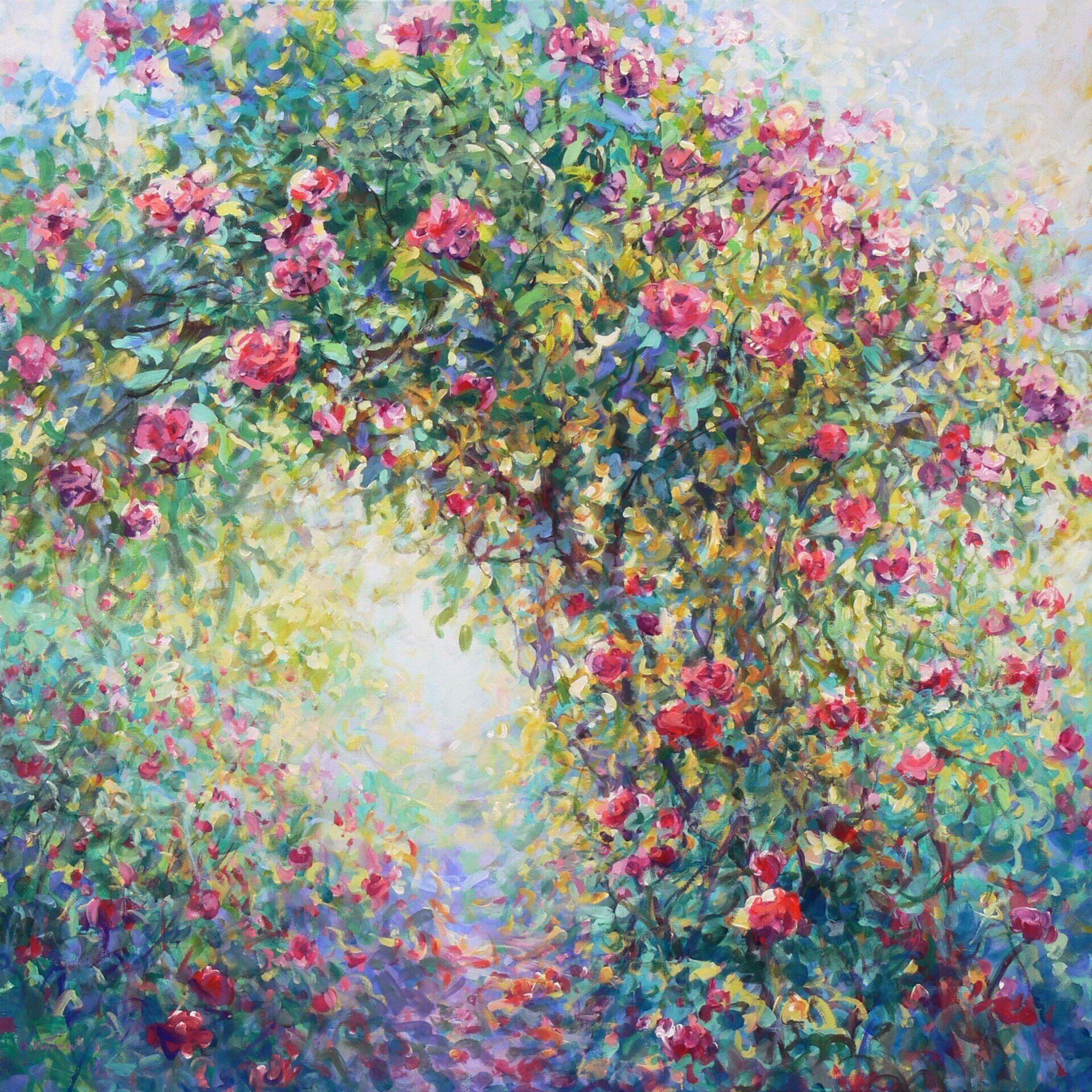 Regent’s Park landscape painting No. 2 by Mariusz Kaldowski — acrylic on canvas, rose pergola in London park
