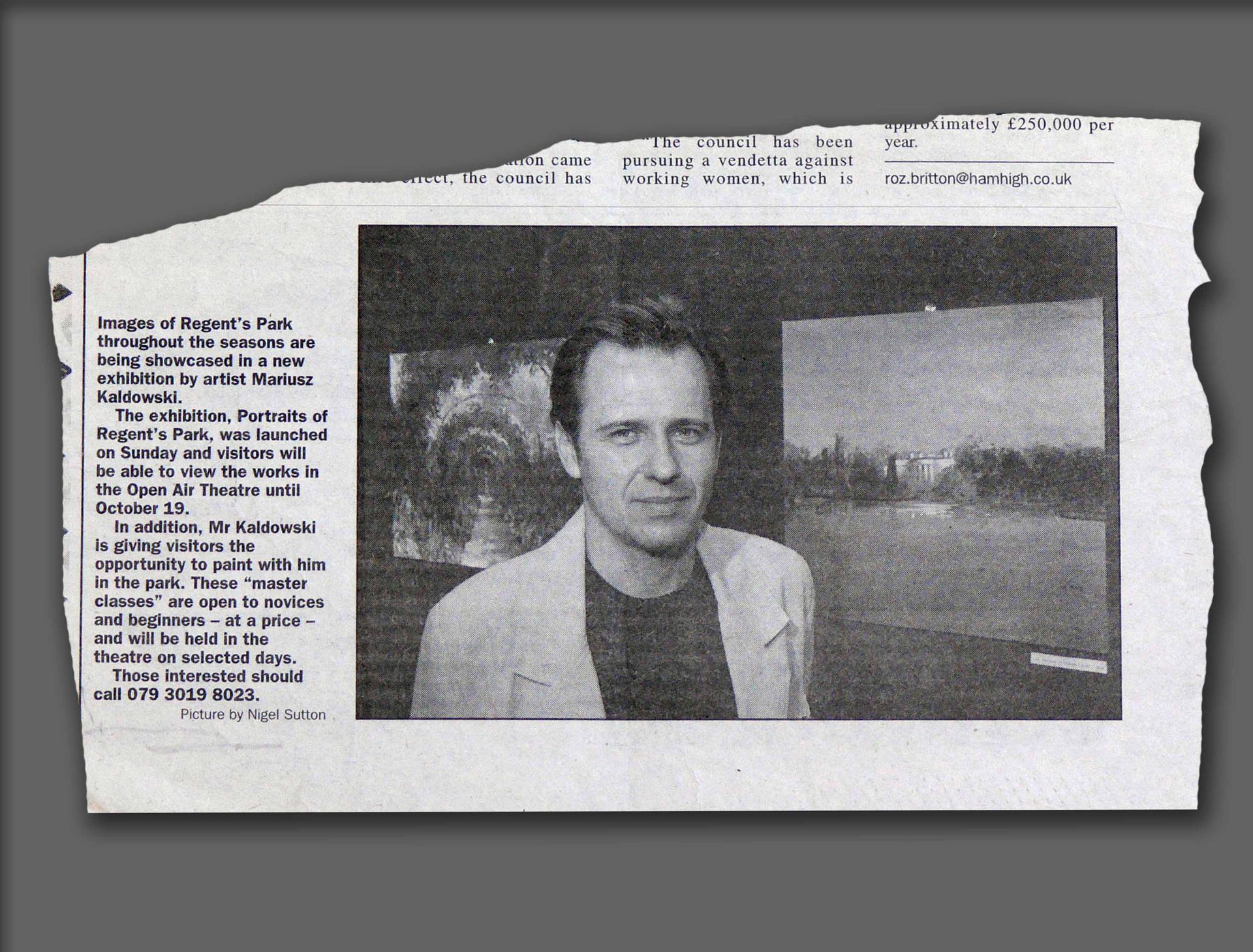 Press article in newspaper Ham & Hill about Mariusz's Regent's Park exhibition (2003)