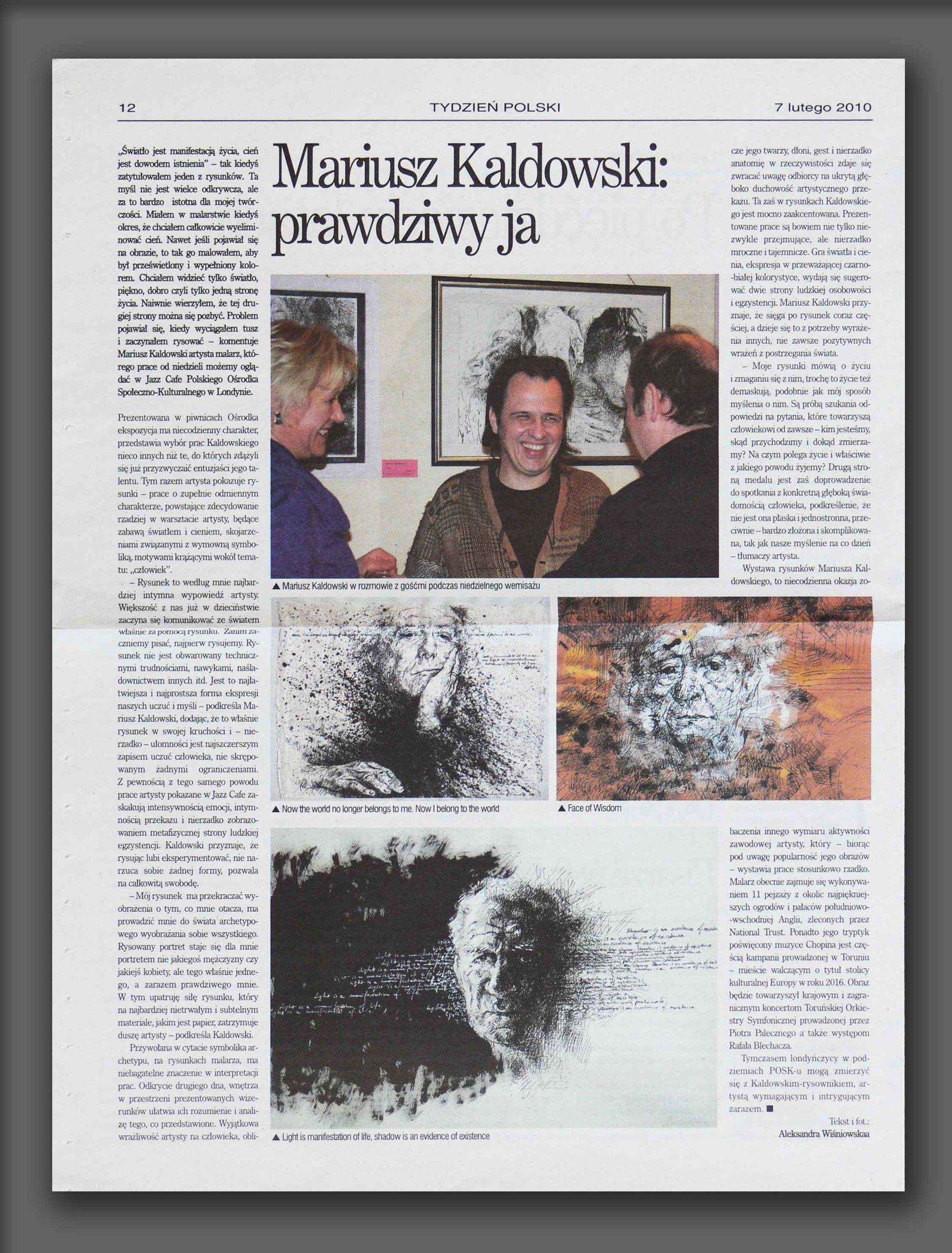 Press article in weekly newspaper Tydzień Polski (Polish Weekly) boout Mariusz Kaldowski exhibition (2010)