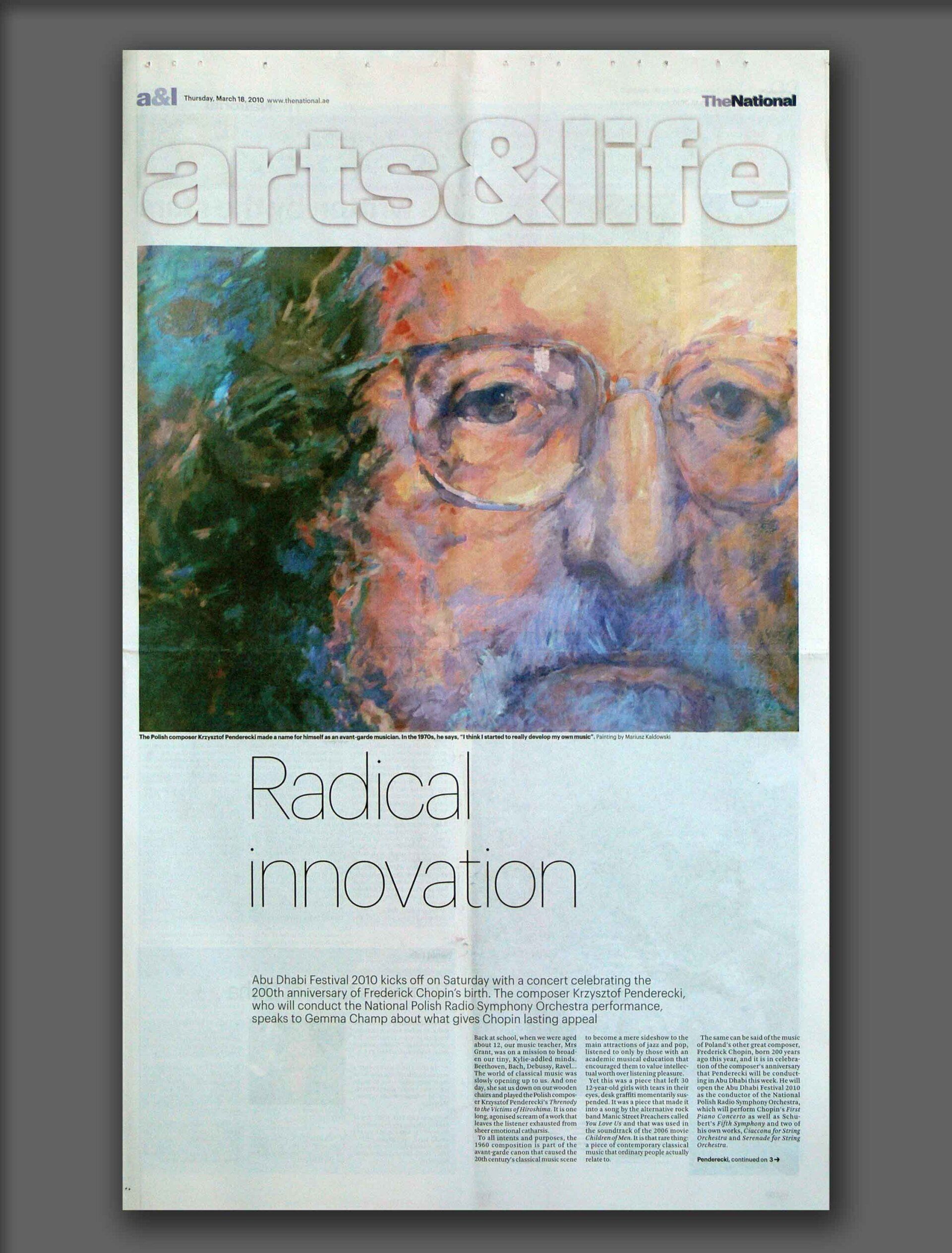Portrait of K. Pendercki  by Mariusz Kaldowski in The National Magazine Times in Dubai (2010)