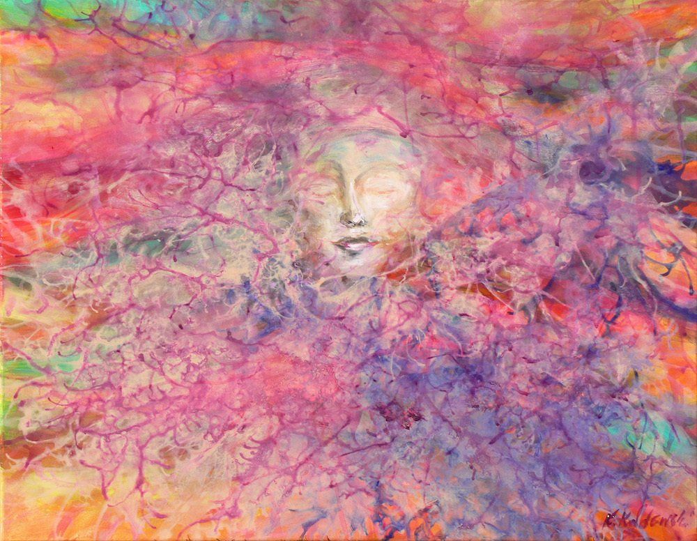 Isadora by Kasia Kaldowski — woman's face in ribbons, dynamic figurative painting.