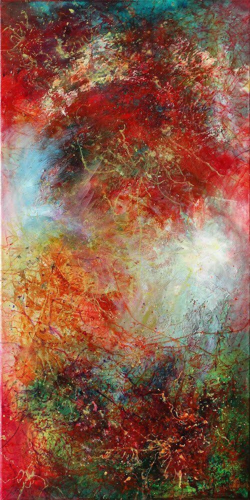 Abstract painting by Kasia Kaldowski — bold red acrylic composition with expressive cloud formation.