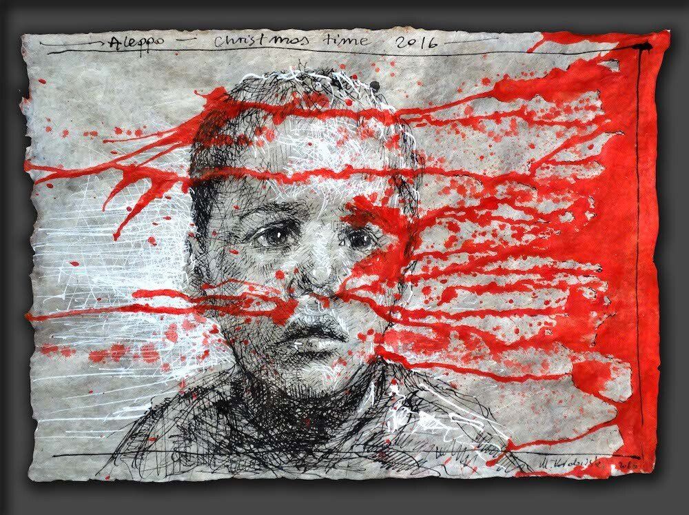 Expressive drawing of a child's face, showing drama of Aleppo by Mariusz Kaldowski