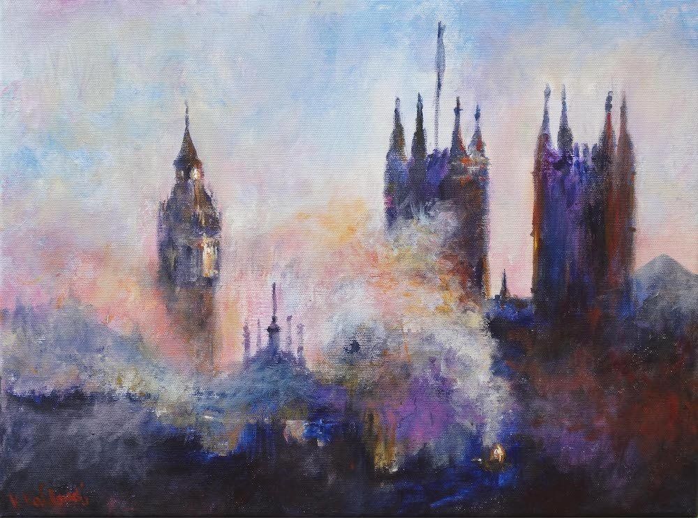 Atmospheric view of the Houses of Parliament with Big Ben at sunset in mist by Kasia Kalowski