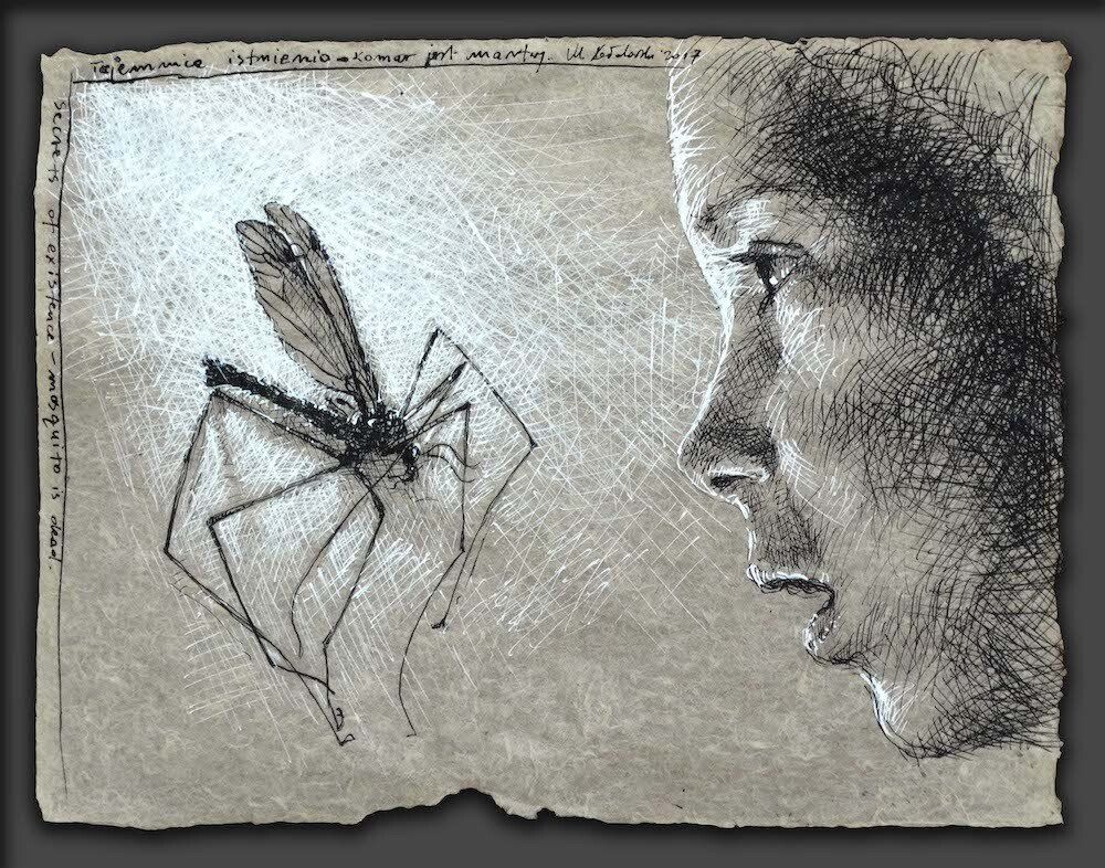 Expressive drawing in pen and ink of a girl and a mosquito by Mariusz Kaldowski