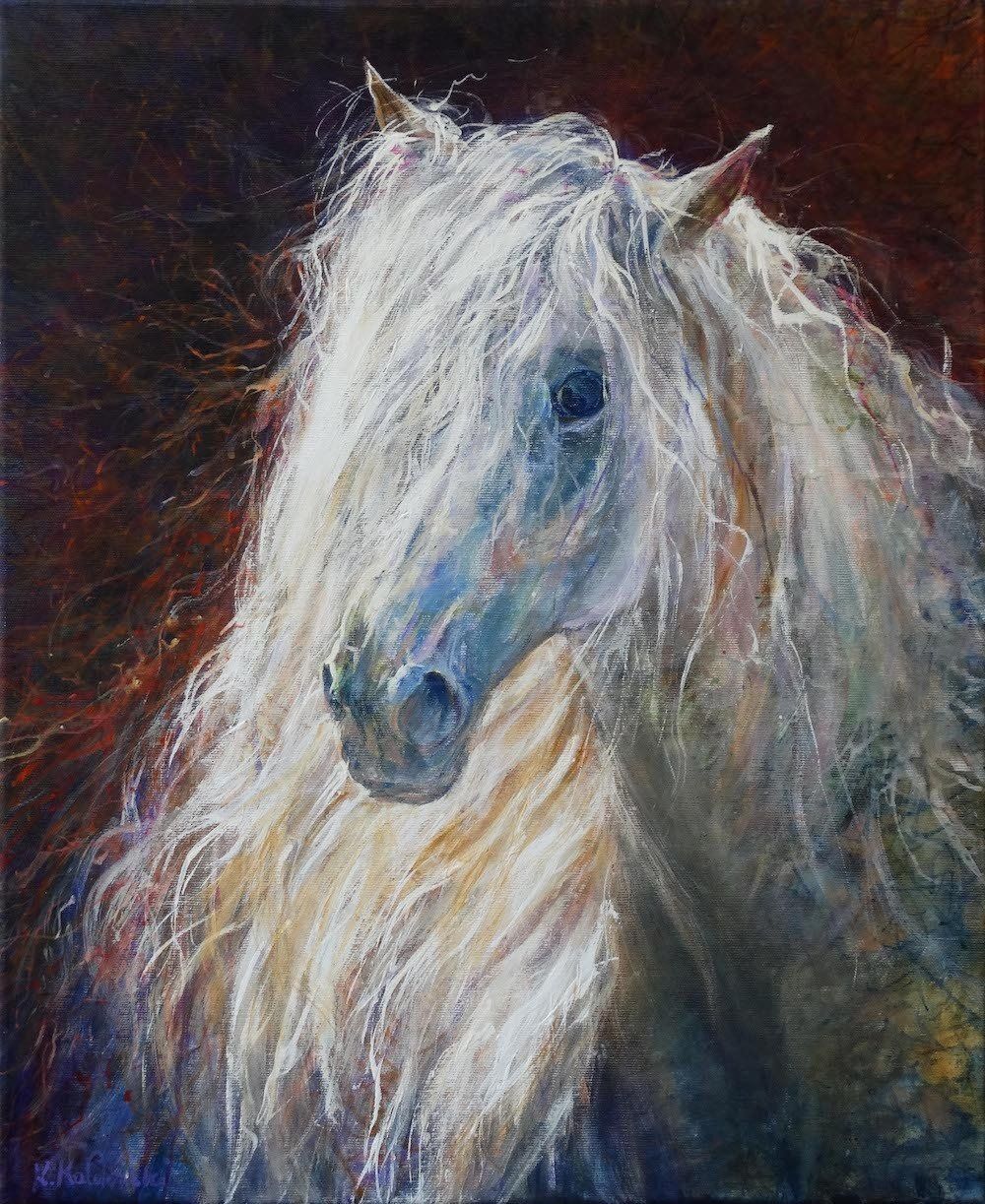 White Horse painting by Kasia Kaldowski — elegant figurative portrait of a horse with soft abstract tones.