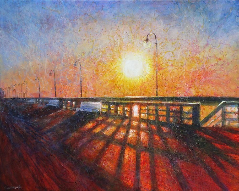 Painting by Kasia Kaldowski of a pier in Sopot at sunrise.